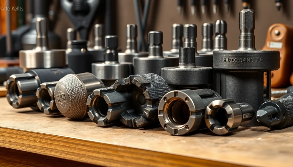 Examine high-quality drill chuck variants on a workspace, showcasing their distinctive designs and finishes.