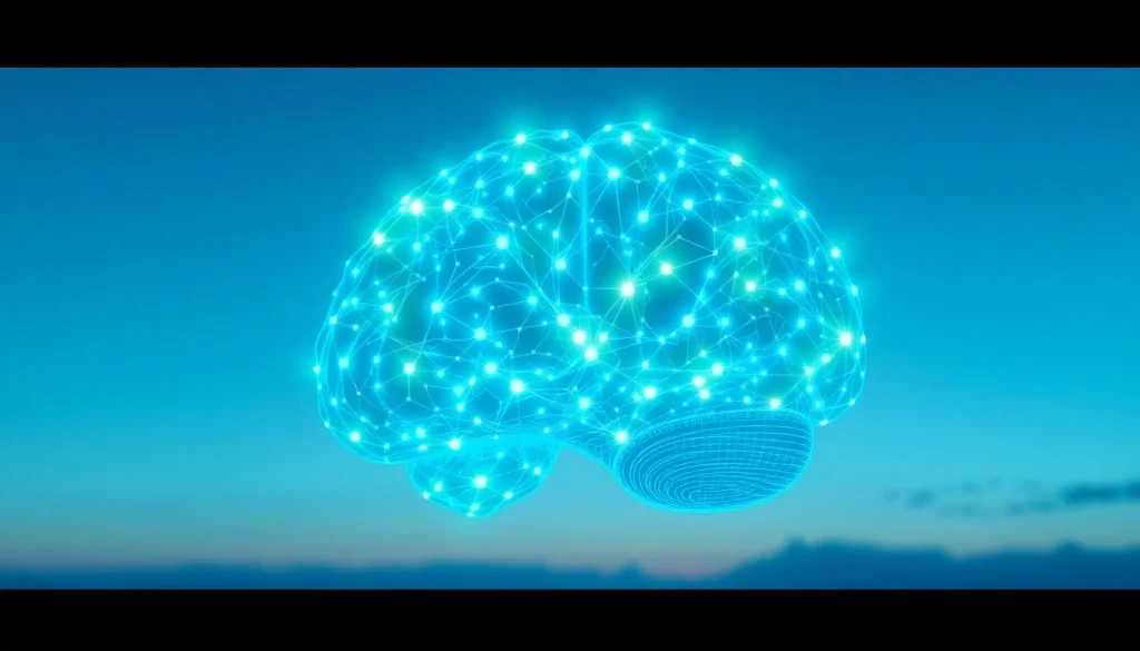 Visualize AI sentiment analysis with a digital brain, showcasing dynamic neural connections and innovation.